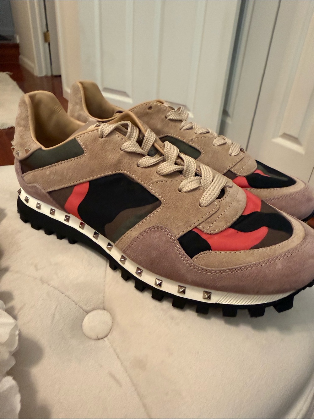 Valentino Beige Suede Sneakers with Red and Black Camouflage